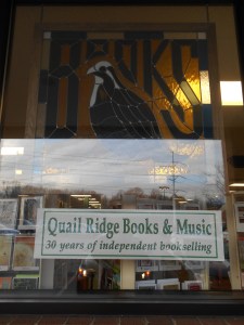 Window at Quail Ridge Books & Music in Raleigh.