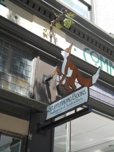 Outdoor sign at Scuppernong Books in Greensboro