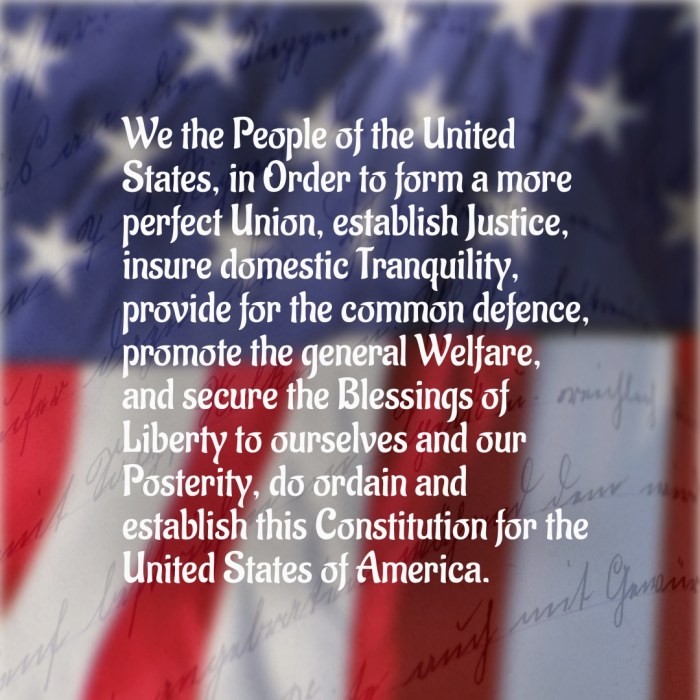 The words of the preamble to the US Constitution with a slightly blurred image of the American flag in the background.
