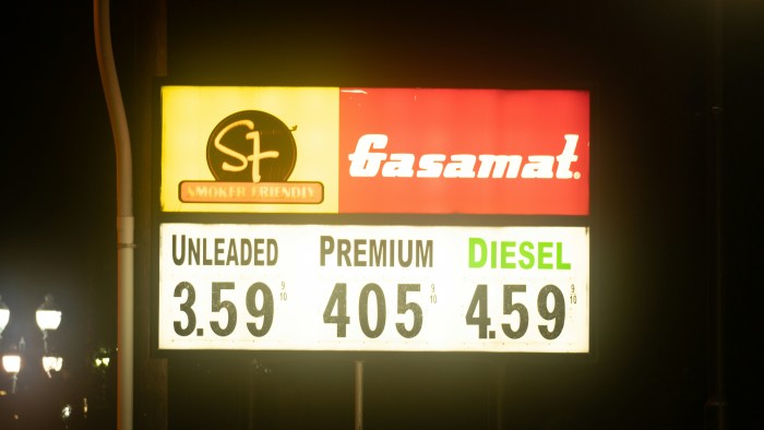 Photo of a sign displaying gasoline prices, including $3.59 per gallon for regular unleaded.