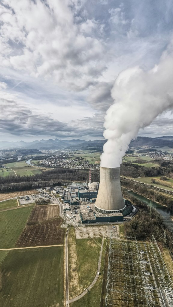 A photo looking down on a nuclear power plant.