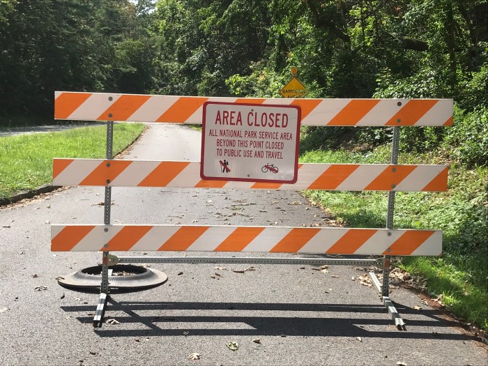 Sign blocking travel by car, bike, or on foot on National Park Service property on Blue Ridge Parkway at Asheville, NC, June 10, 2025