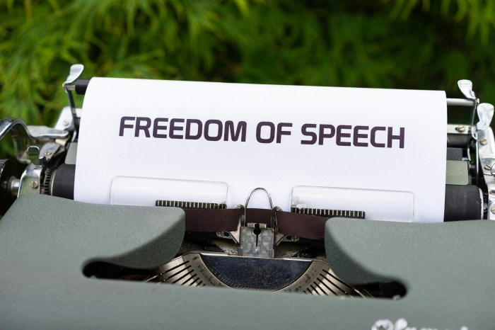 Photo of a piece of paper coming out of a typewriter. The words, "Freedom of Speech' are typed on the paper.