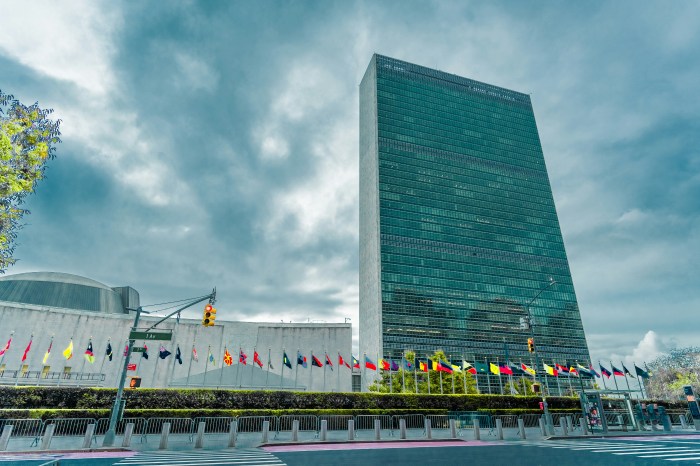 Photo of the UN Building in New York City with flags of member nations at the base of it.