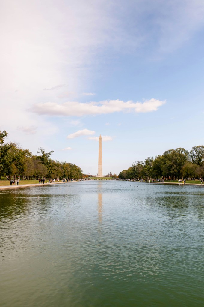 Photo of the Washington Monument reflected in the Reflecting Pool in Washington, DC