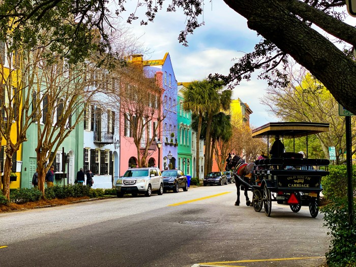 A photo of a street in Charleston, South Carolina today showing a row of old townhouses, each painted a different color. Horse-drawn carriage on the street transporting tourists.